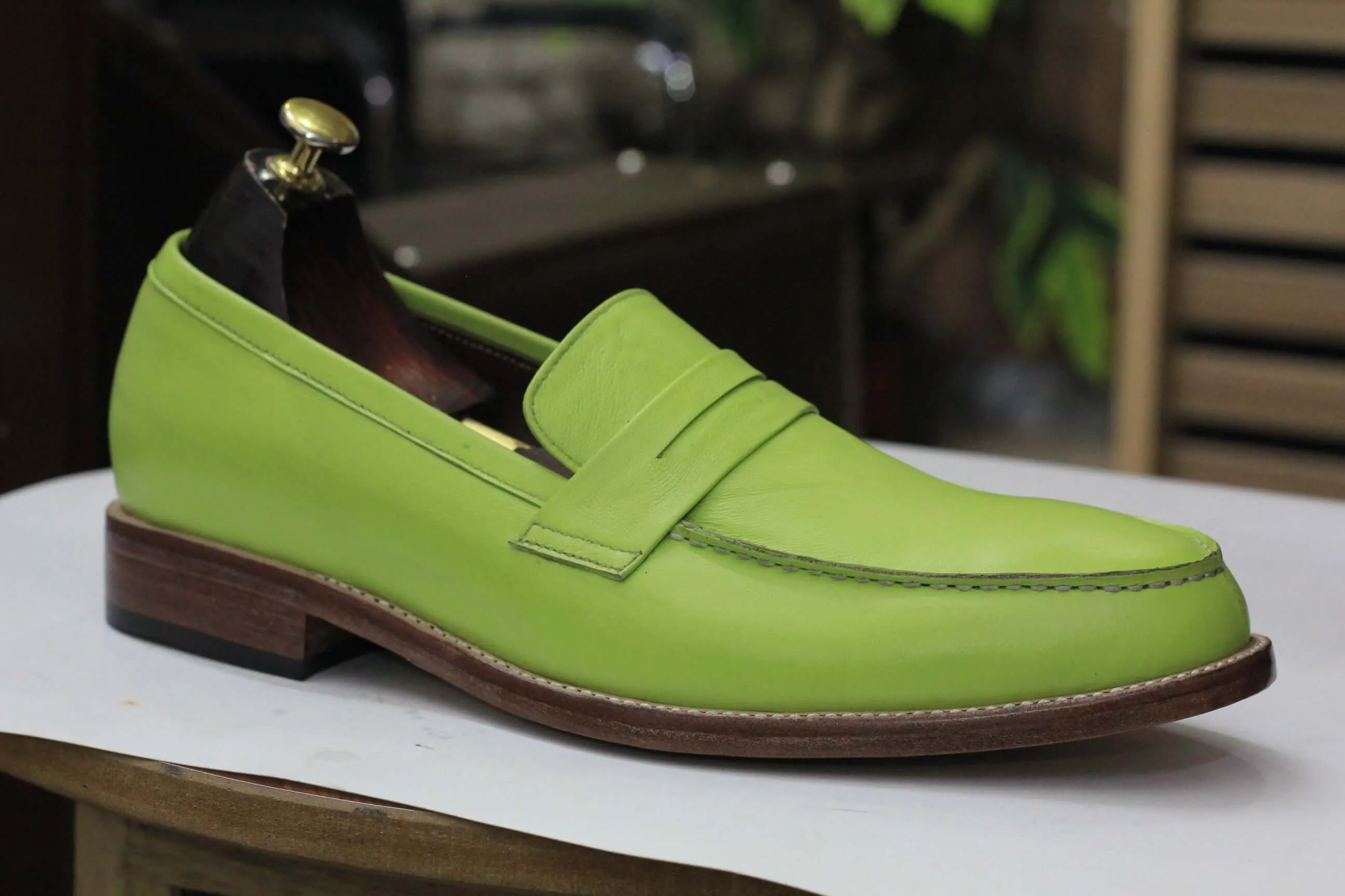 Handmade Green Penny Loafer Leather Shoes, Slip On Casual Moccasin Shoes