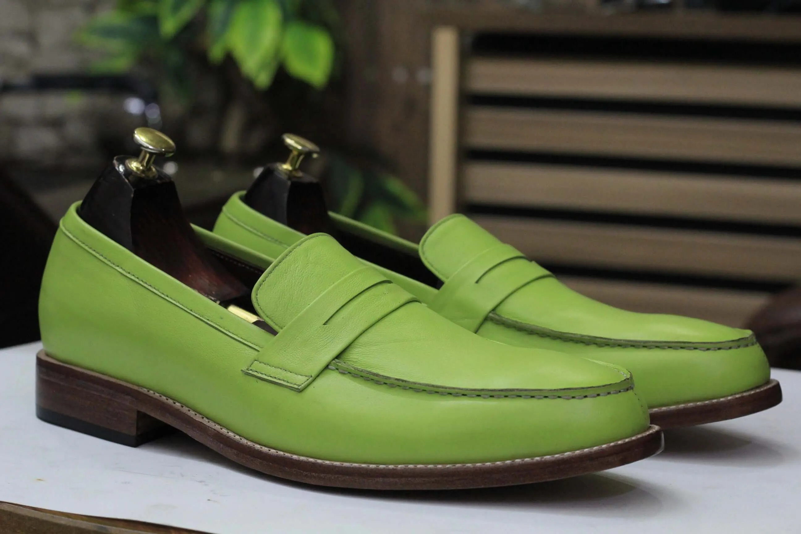 Handmade Green Penny Loafer Leather Shoes, Slip On Casual Moccasin Shoes