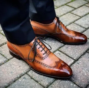 Handmade Men's Brown Wing Tip Brogue Leather Lace Up Shoes