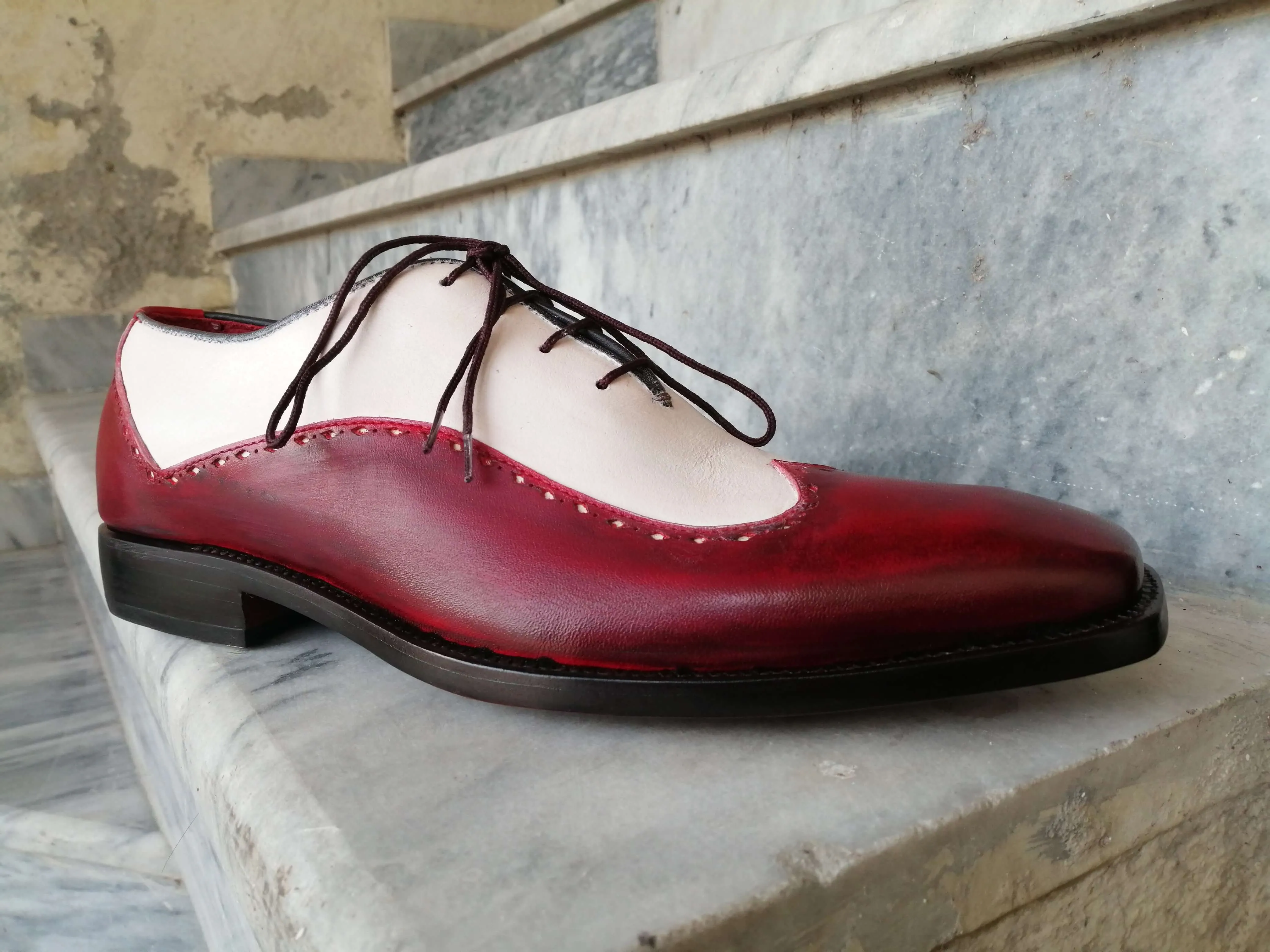 Handmade Men's Wing Tip Lace Up Shoes, Men's Burgundy White Leather Shoes