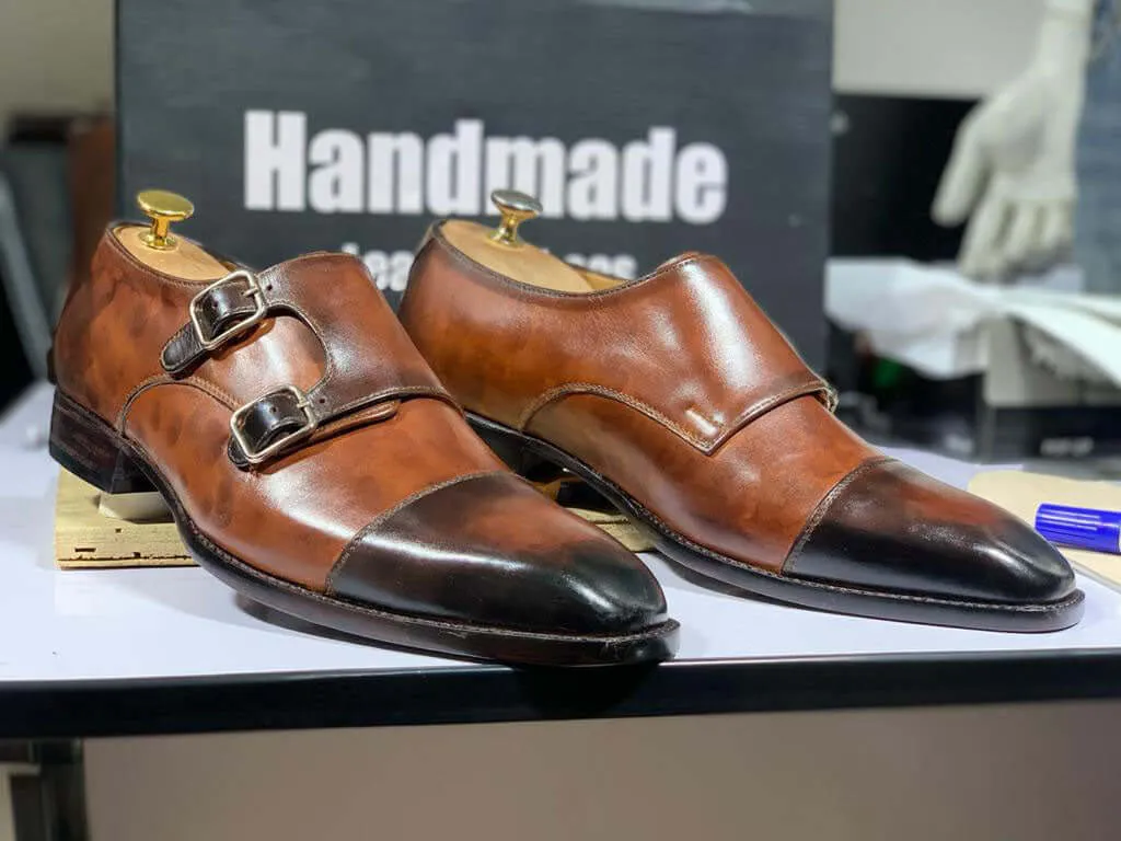 Handmade Two Tone Brown Double Buckle Shoes, Cap Toe Shoes, Classic Party Shoes