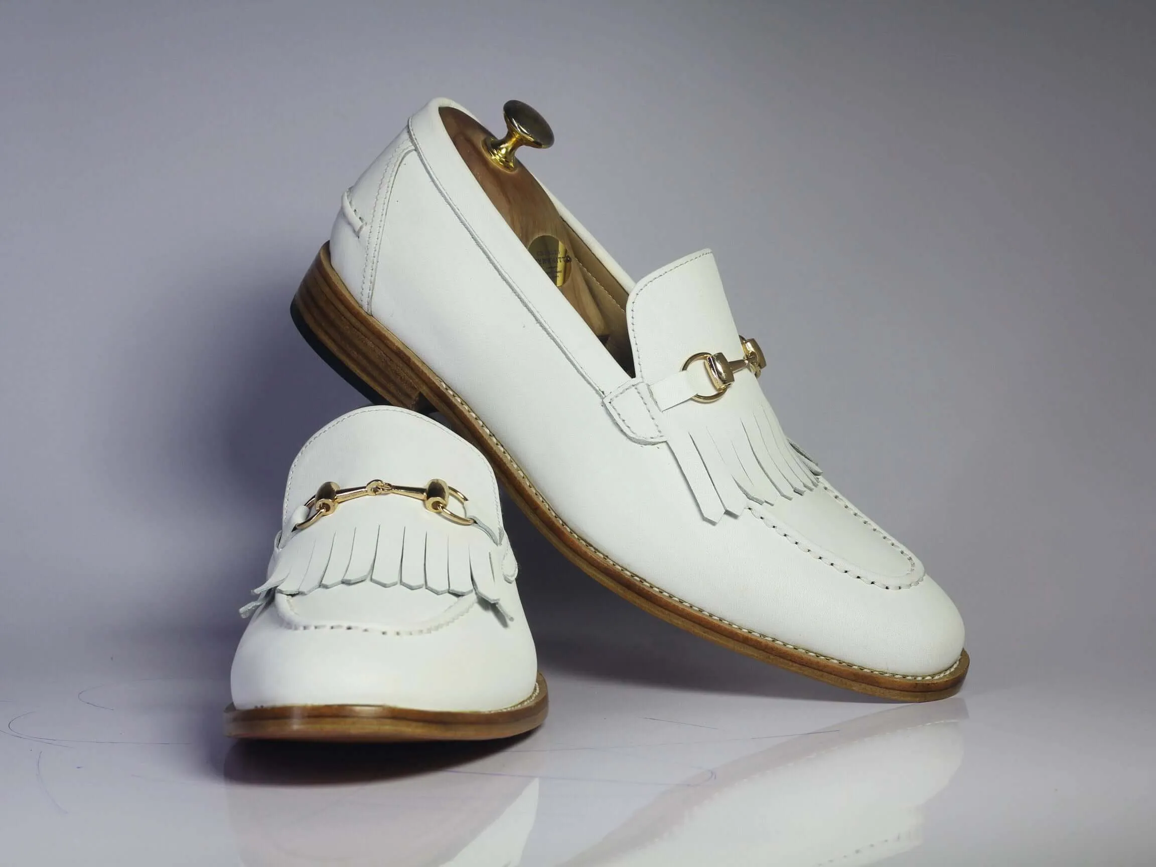 Handmade White Fringe Leather Loafers Shoes For Men's