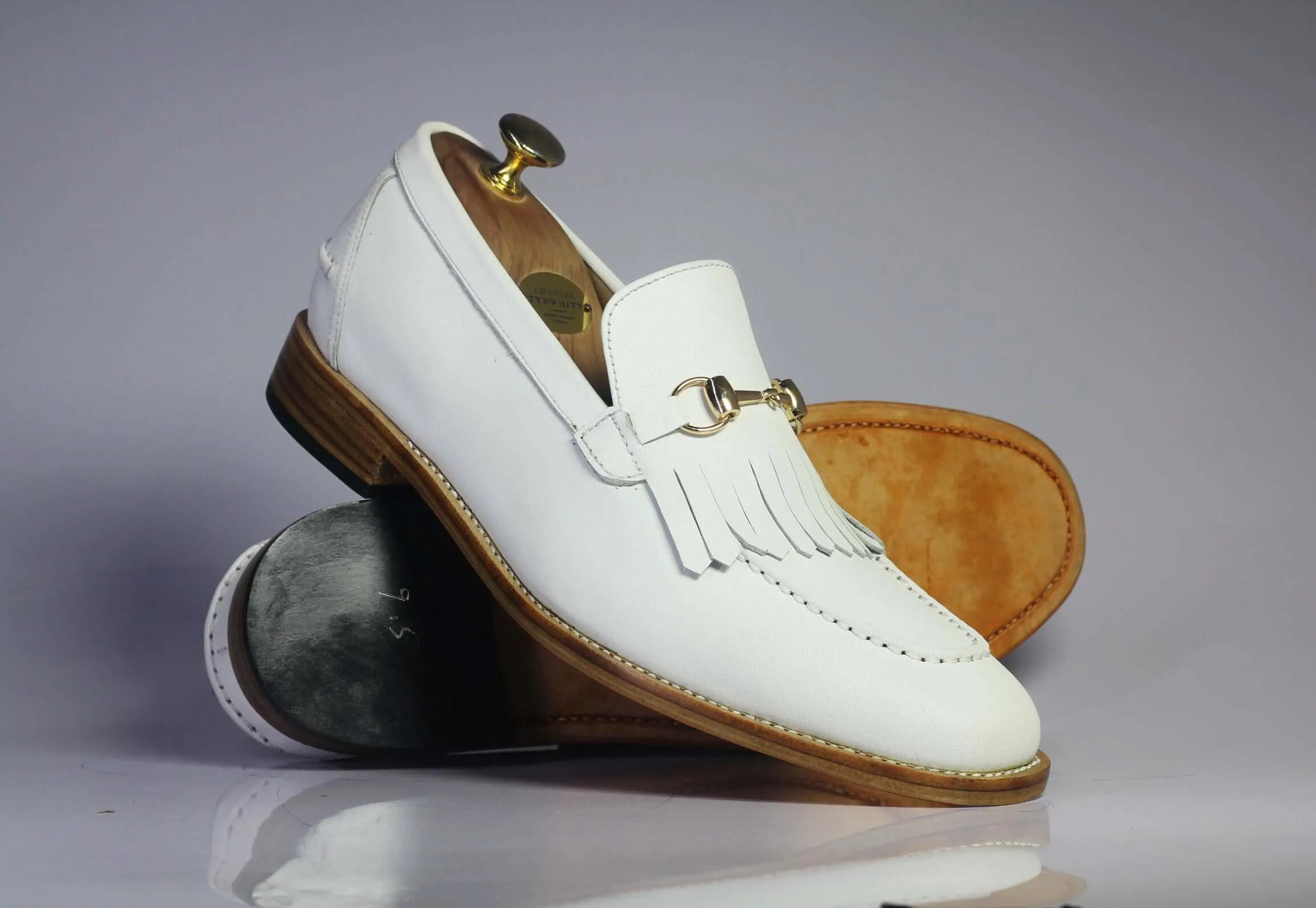 Handmade White Fringe Leather Loafers Shoes For Men's