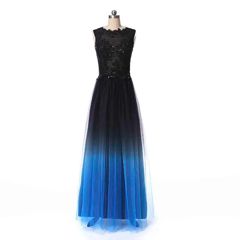 Long Prom Evening Dresses Sheer Beaded Halter Gradient Ombre Chiffon Dress