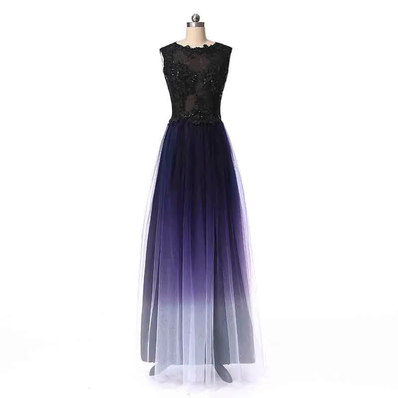 Long Prom Evening Dresses Sheer Beaded Halter Gradient Ombre Chiffon Dress