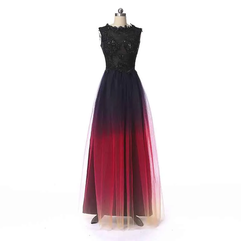 Long Prom Evening Dresses Sheer Beaded Halter Gradient Ombre Chiffon Dress