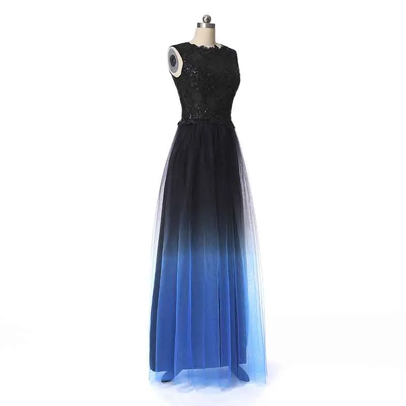 Long Prom Evening Dresses Sheer Beaded Halter Gradient Ombre Chiffon Dress