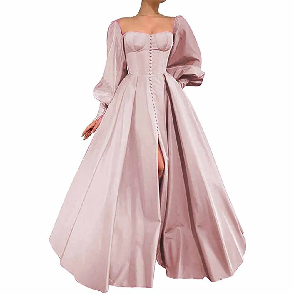 Long Puffy Sleeve Prom Dresses Ball Gown Satin Formal Party Wedding Evening Dress