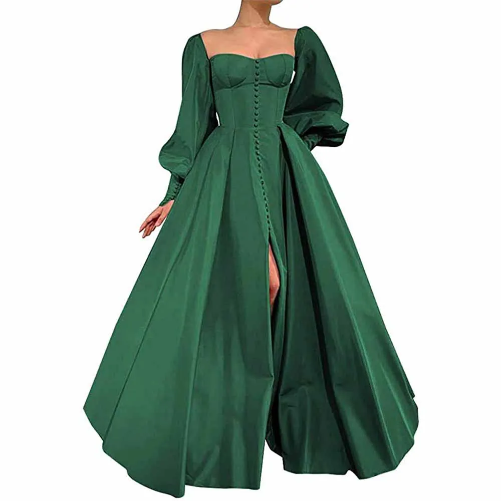 Long Puffy Sleeve Prom Dresses Ball Gown Satin Formal Party Wedding Evening Dress