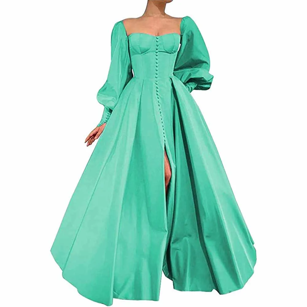 Long Puffy Sleeve Prom Dresses Ball Gown Satin Formal Party Wedding Evening Dress