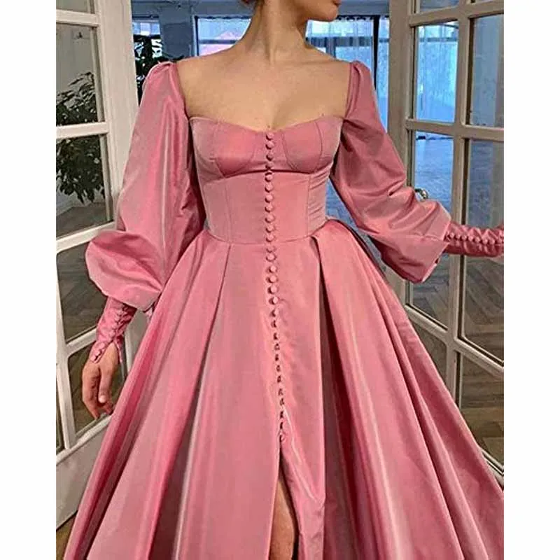 Long Puffy Sleeve Prom Dresses Ball Gown Satin Formal Party Wedding Evening Dress