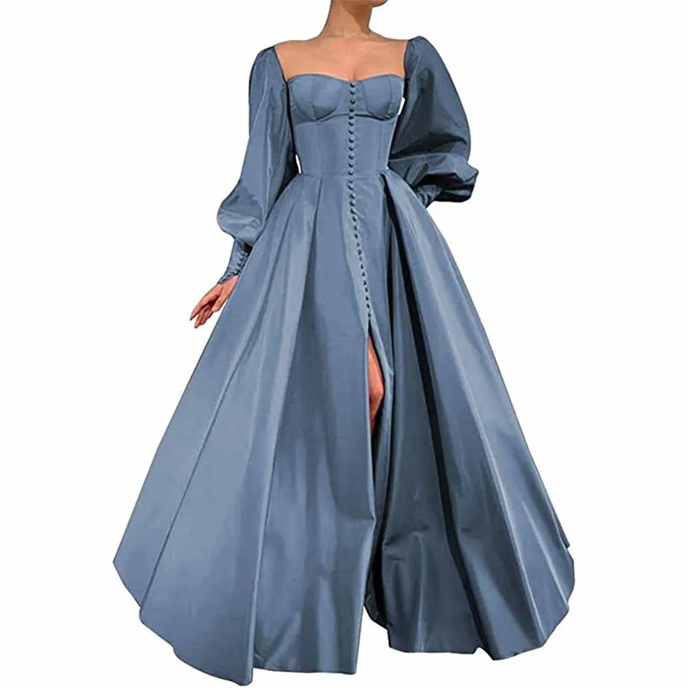 Long Puffy Sleeve Prom Dresses Ball Gown Satin Formal Party Wedding Evening Dress