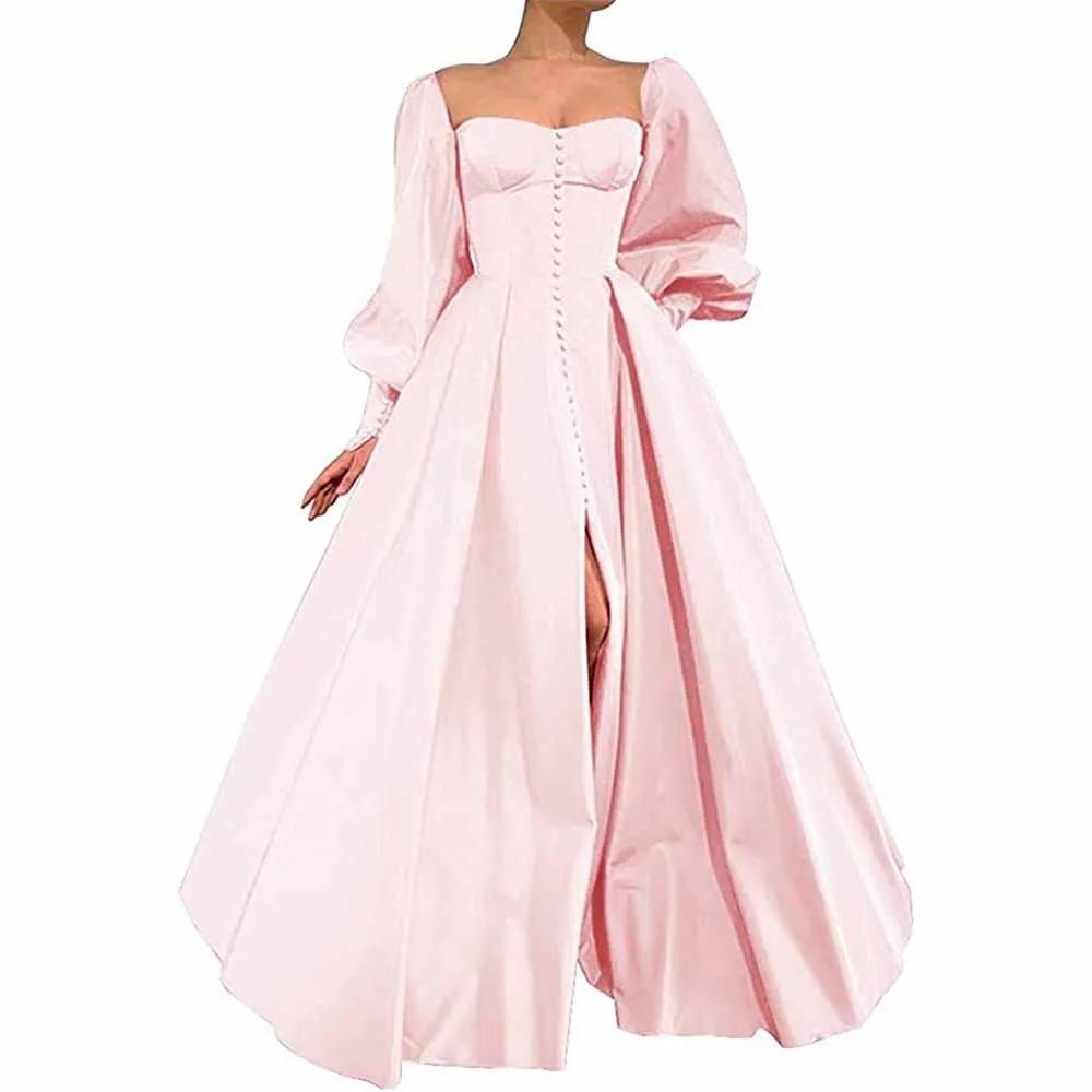 Long Puffy Sleeve Prom Dresses Ball Gown Satin Formal Party Wedding Evening Dress