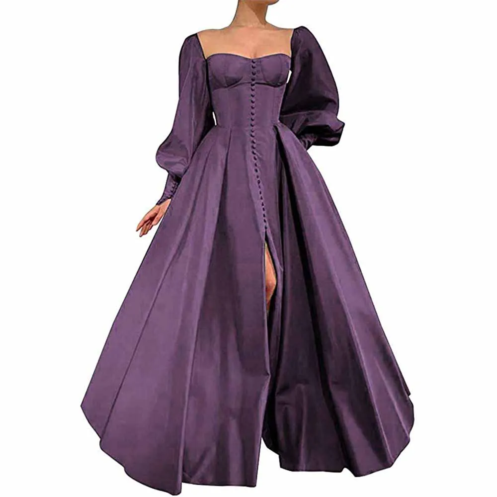 Long Puffy Sleeve Prom Dresses Ball Gown Satin Formal Party Wedding Evening Dress