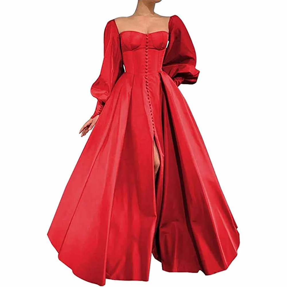 Long Puffy Sleeve Prom Dresses Ball Gown Satin Formal Party Wedding Evening Dress