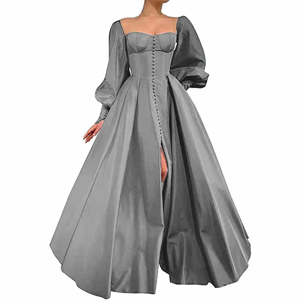 Long Puffy Sleeve Prom Dresses Ball Gown Satin Formal Party Wedding Evening Dress