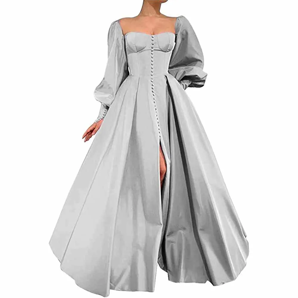 Long Puffy Sleeve Prom Dresses Ball Gown Satin Formal Party Wedding Evening Dress