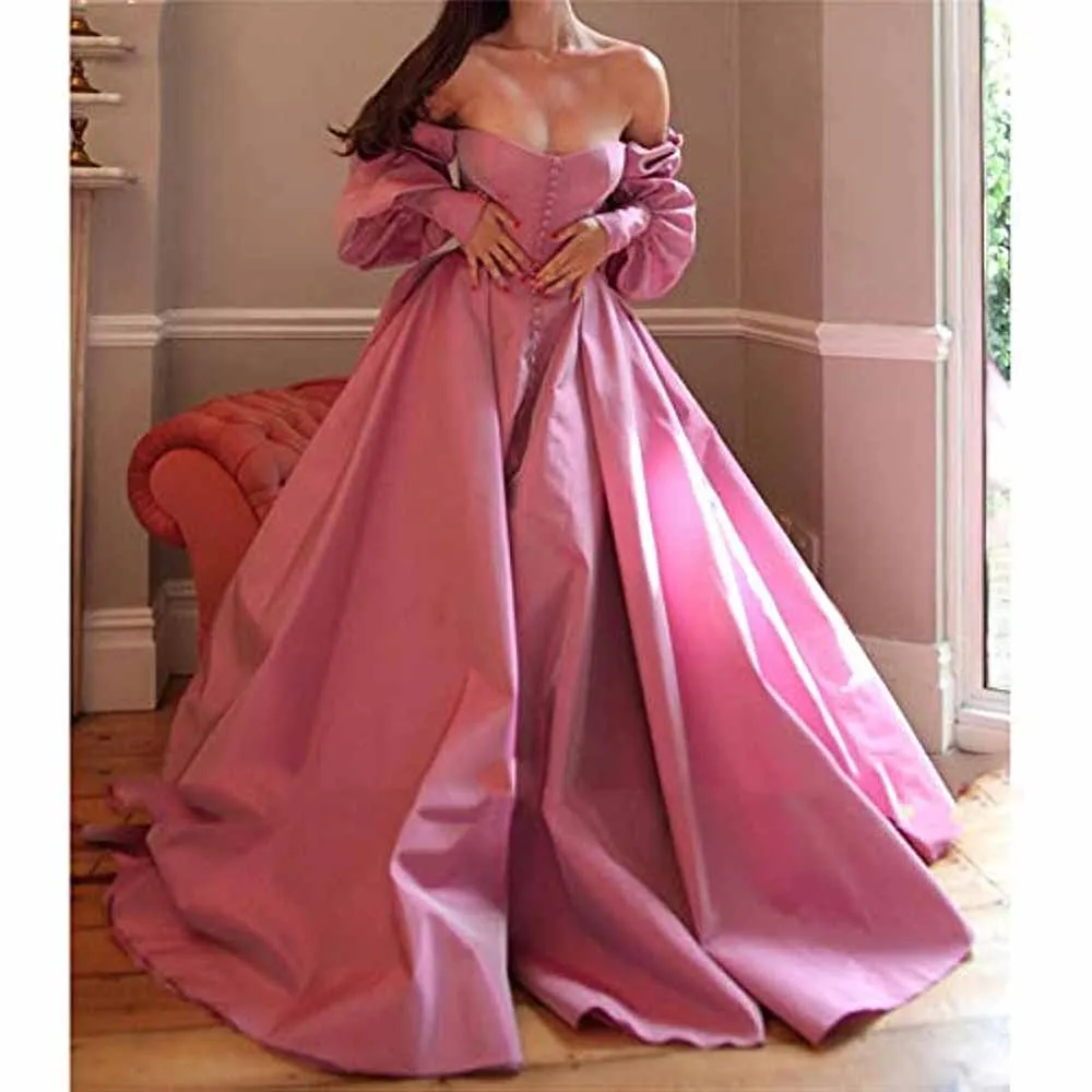 Long Puffy Sleeve Prom Dresses Ball Gown Satin Formal Party Wedding Evening Dress