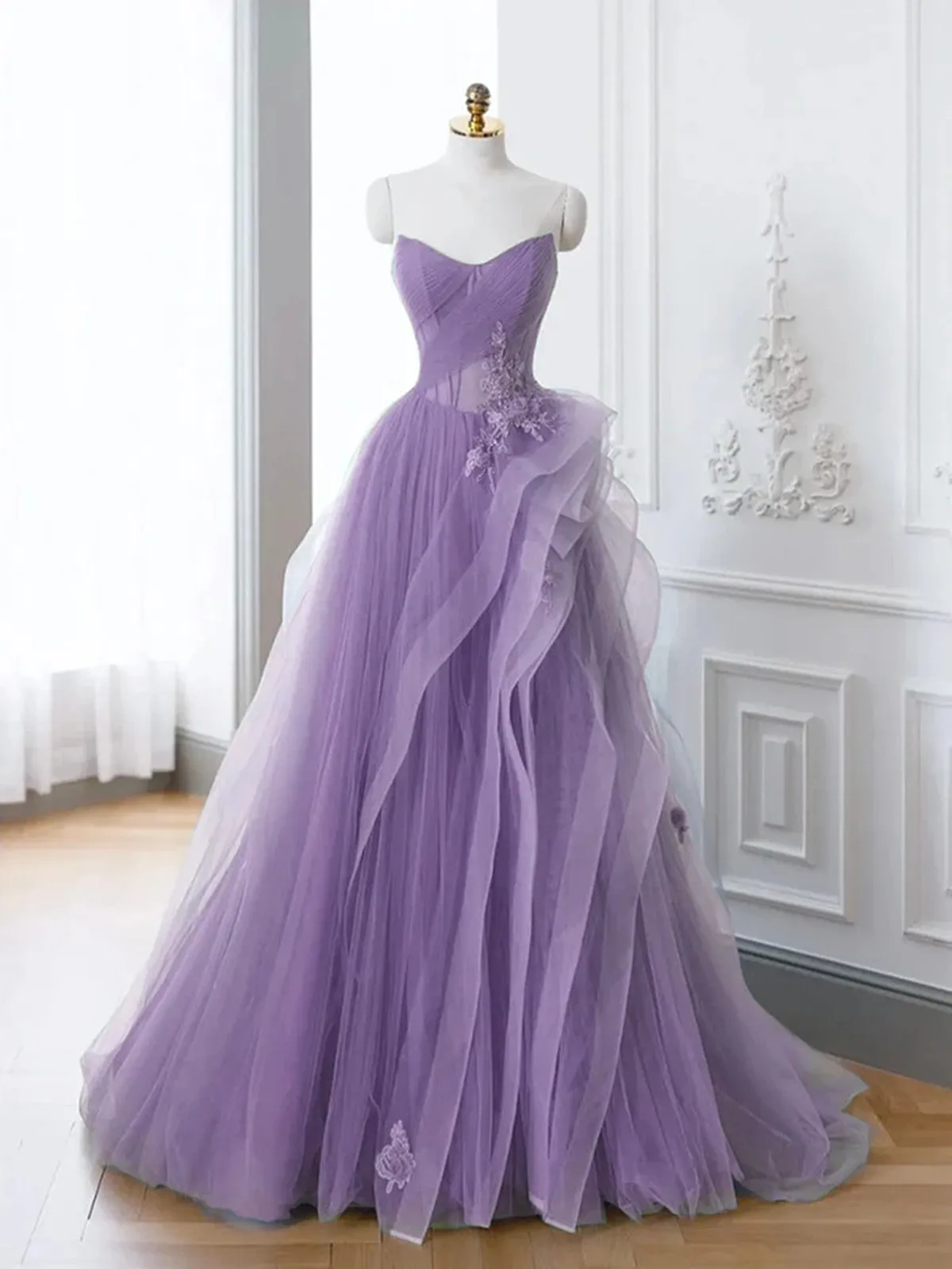 Lovely Purple A-line Tulle with Lace Applique Prom Dress, Purple Long Formal Dress