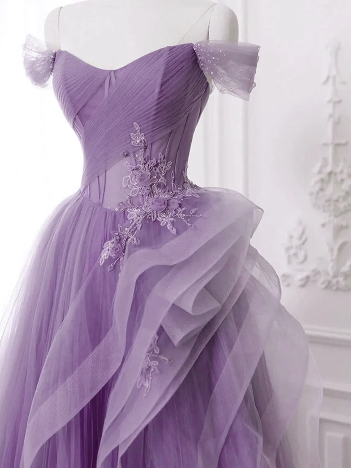 Lovely Purple A-line Tulle with Lace Applique Prom Dress, Purple Long Formal Dress