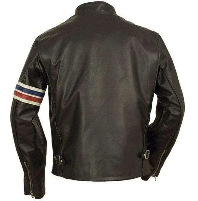 Men Black Jacket, Easy Rider Motorcycle Leather Stripped Jacket