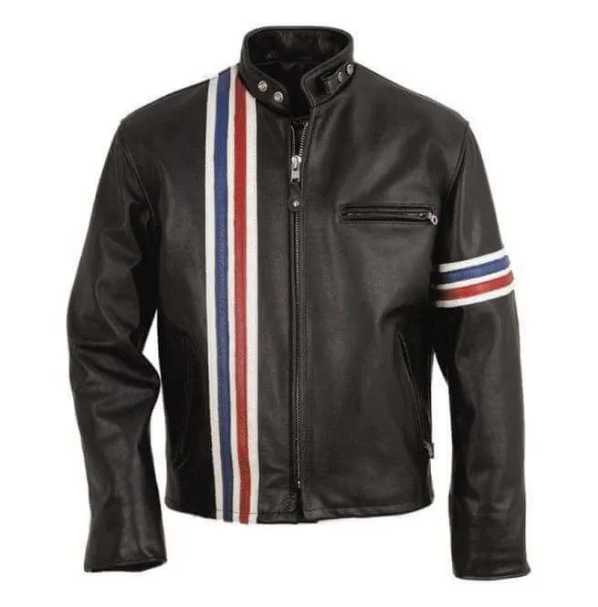 Men Black Jacket, Easy Rider Motorcycle Leather Stripped Jacket