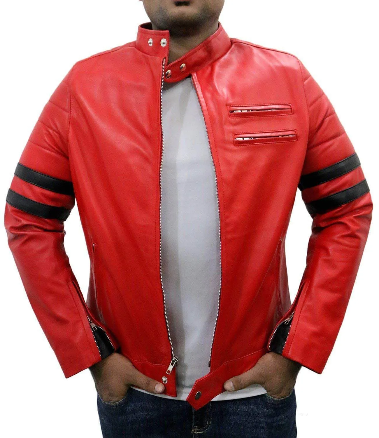 Men Genuine Lambskin Red Leather Black Stripped Jacket Slim fit Biker Motorcycle Design jacket