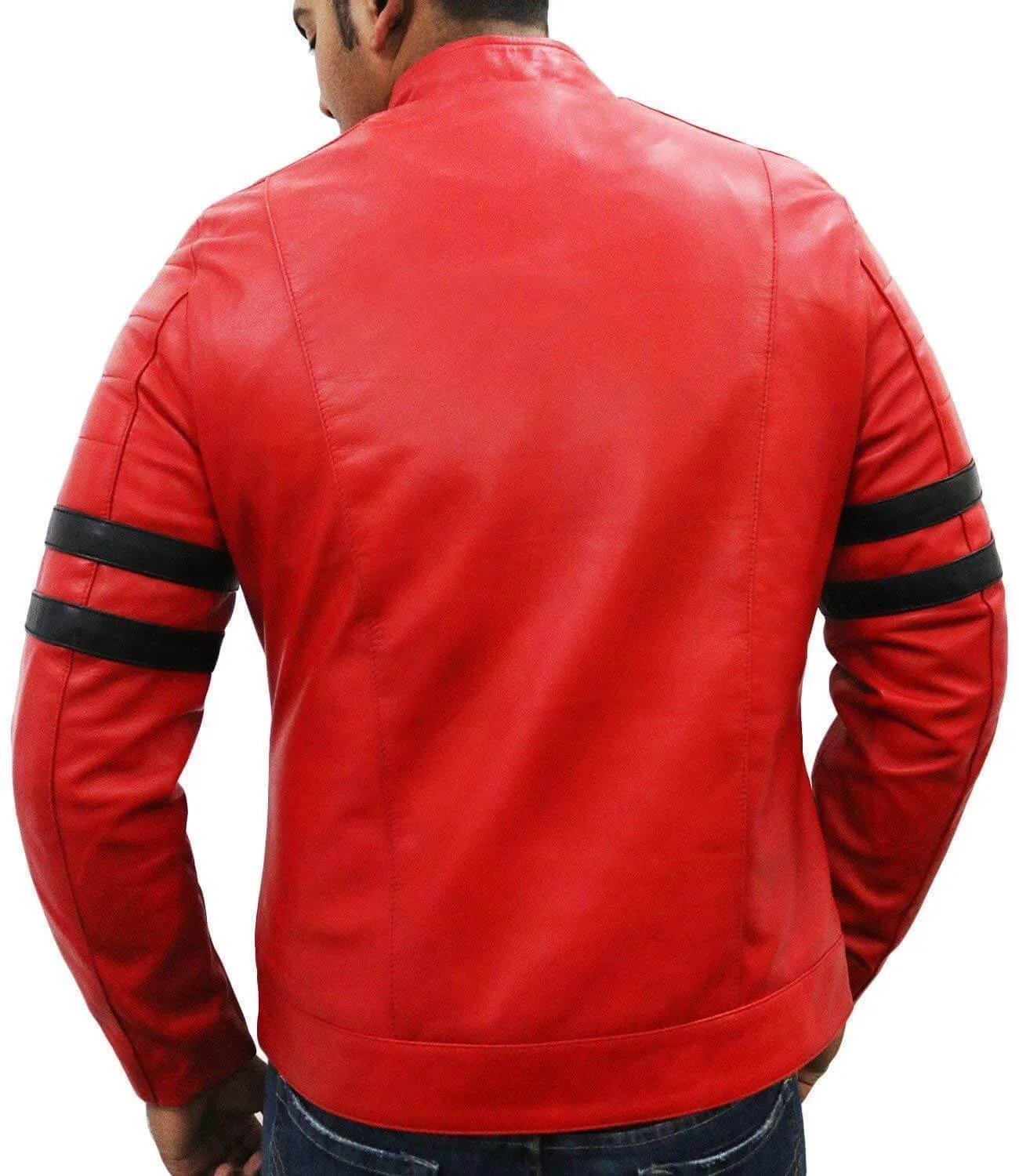 Men Genuine Lambskin Red Leather Black Stripped Jacket Slim fit Biker Motorcycle Design jacket