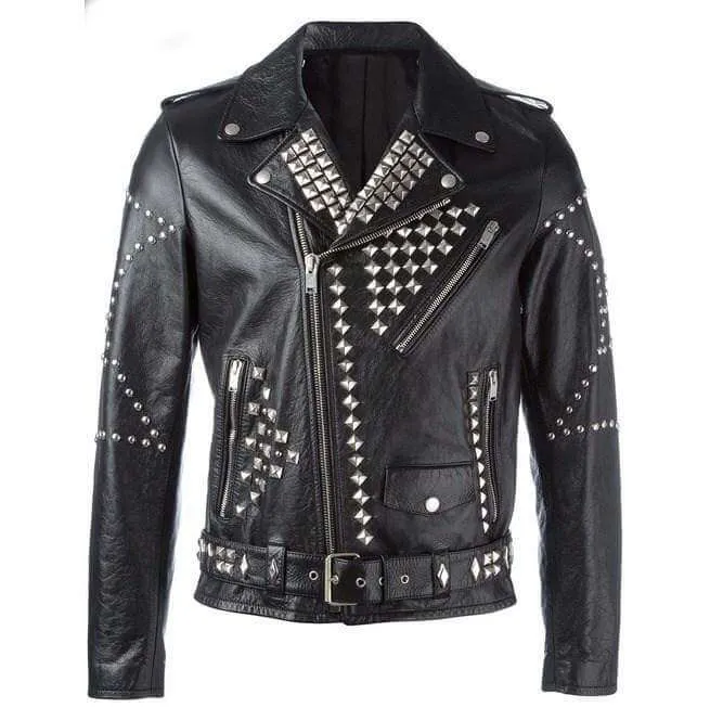 Men's Classic Sliver Studded Leather Motorcycle Jacket, Biker Leather Black Jacket