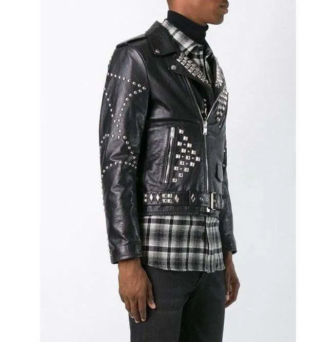 Men's Classic Sliver Studded Leather Motorcycle Jacket, Biker Leather Black Jacket