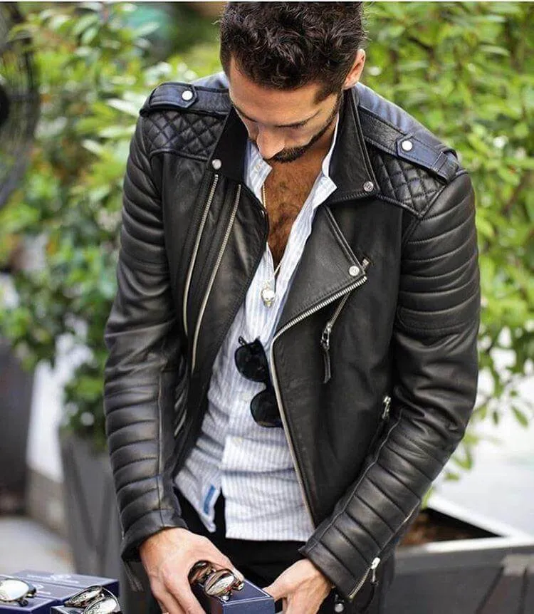 Men's Genuine Lambskin Leather Jacket Black Slim fit Biker jacket