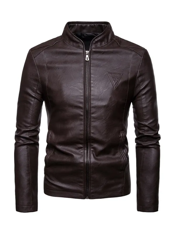 Men's motorcycle zipper stand collar leather jacket