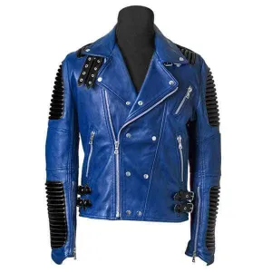 Men's New Blue Black Motorbike Leather Jacket, Classic Trendy Scooter Fashion Jacket