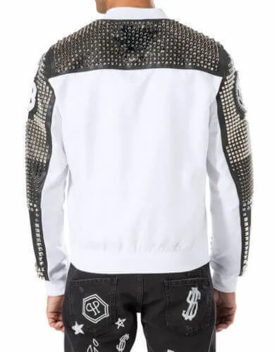 Men's White Black Silver Studded Embroidery Patches Cowhide Biker Leather Jackets