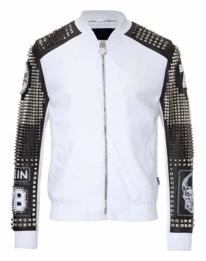 Men's White Black Silver Studded Embroidery Patches Cowhide Biker Leather Jackets