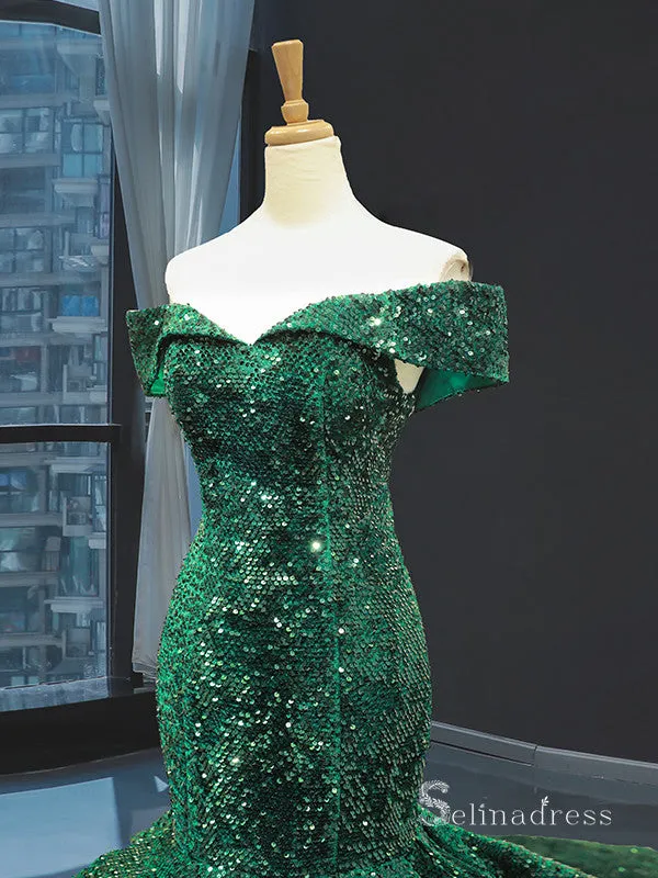 Mermaid Off-the-shoulder Dark Green Sequins Long Prom Dress Shiny Evening Gowns GRB292