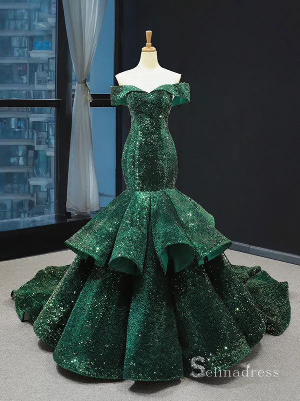 Mermaid Off-the-shoulder Dark Green Sequins Long Prom Dress Shiny Evening Gowns GRB292