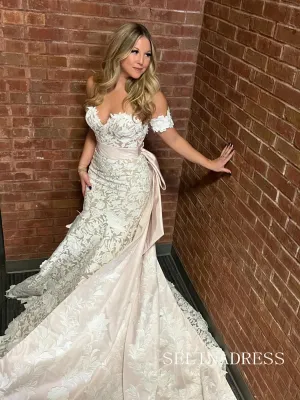 Mermaid Off-the-shoulder Lace Wedding Dress Rustic Bridal Gowns TKL3048