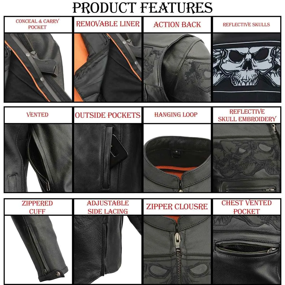 Milwaukee Leather MLM1501 Men's Black 'Cool-Tec' Leather Crossover Scooter Jacket with Reflective Skulls