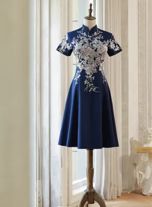 Navy Blue Short Sleeves Party Dress with Lace Applique, Short Cute Blue Wedding Party Dress