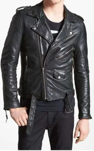 New Men's Black Belted Buckle Zip Up Leather