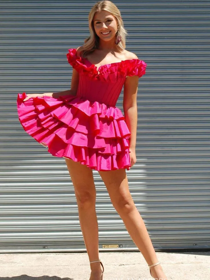 Off-the-shoulder Miti Layered Homecoming Dresses Fuchsia Hoco Dress #EWR557