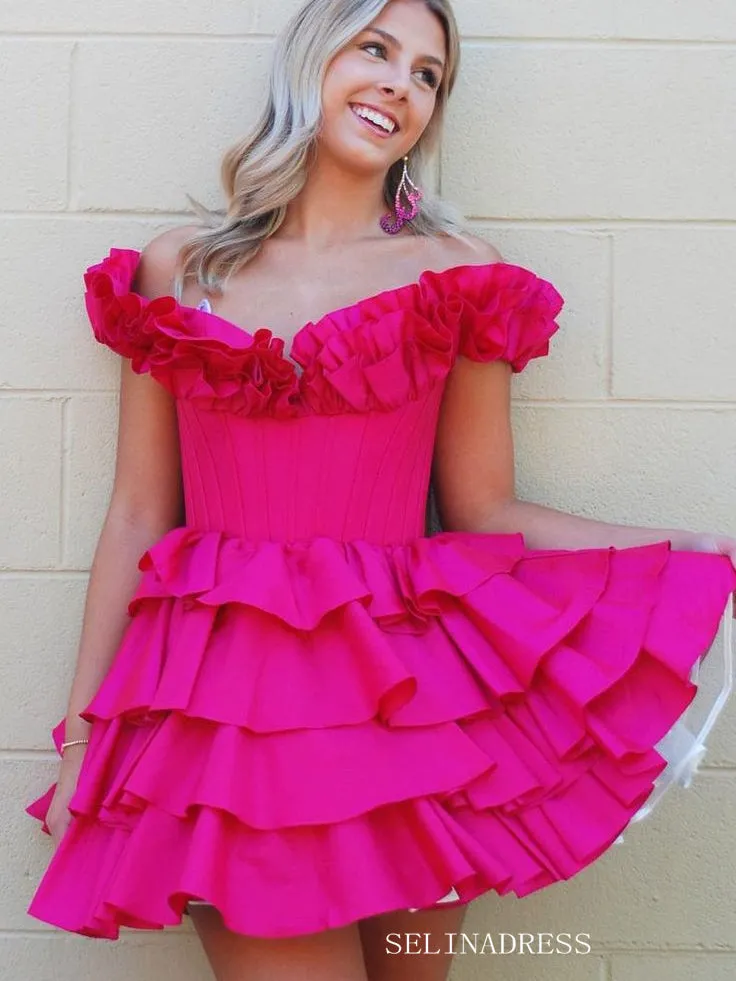 Off-the-shoulder Miti Layered Homecoming Dresses Fuchsia Hoco Dress #EWR557