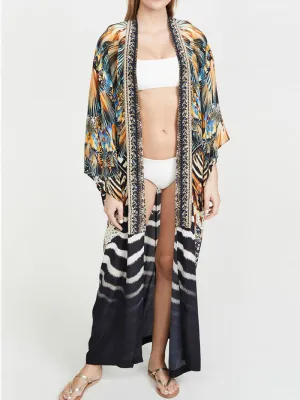 Printed Black Color Polyester Long Length Gown Kimono Duster Robe