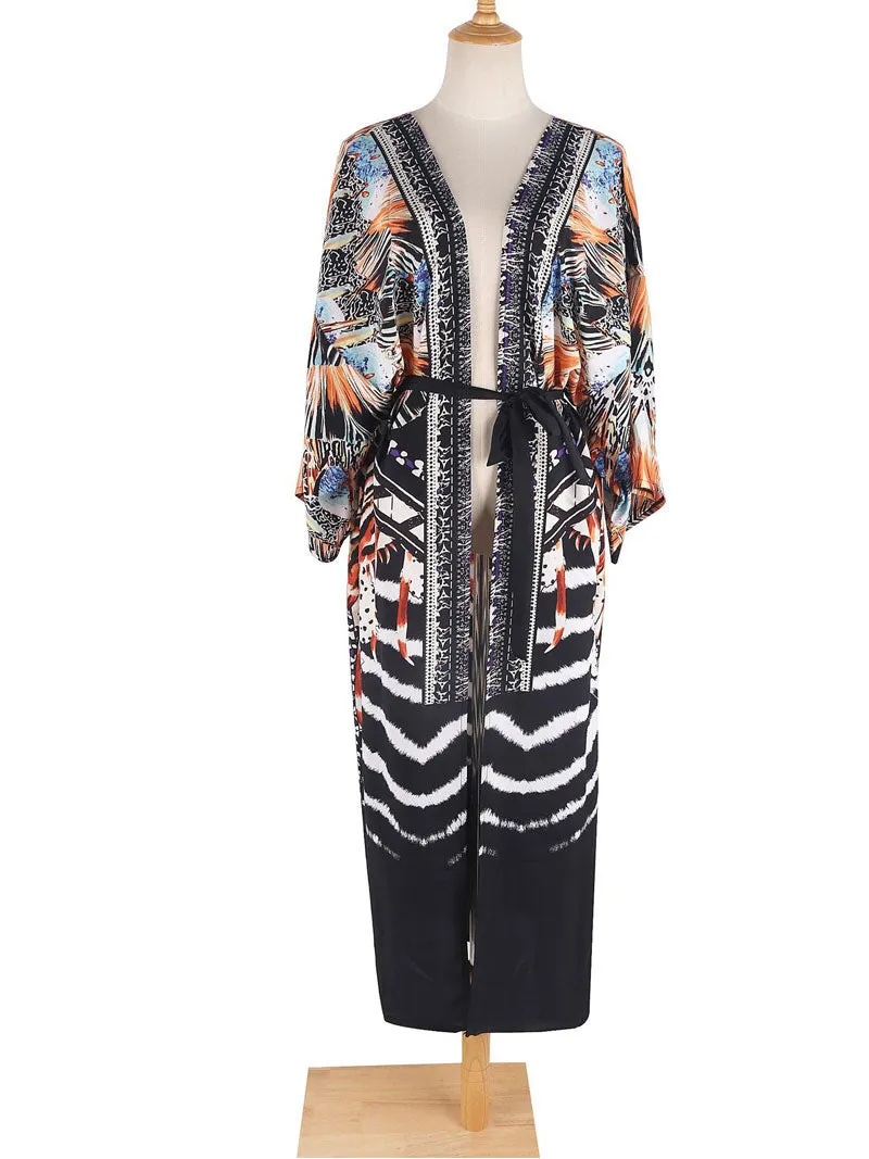 Printed Black Color Polyester Long Length Gown Kimono Duster Robe