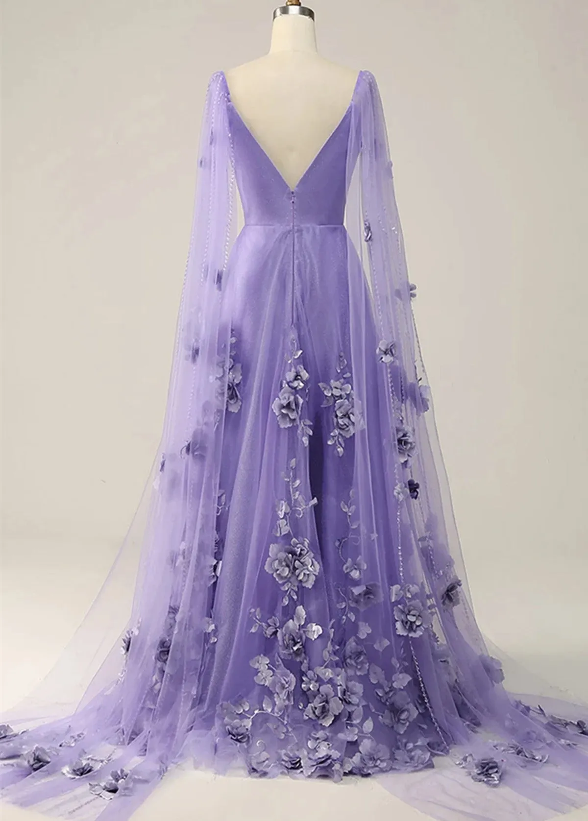 Purple A-line V-neckline Flowers Tulle Prom Dress, Purple Low Back Evening Dress