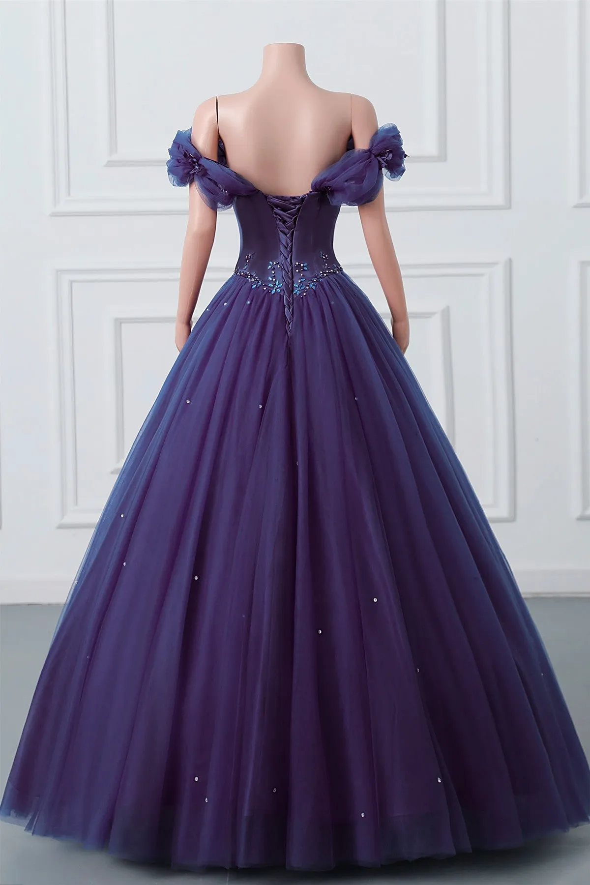 Purple Off Shoulder Beaded Tulle Long Formal Dress, Purple Party Dress