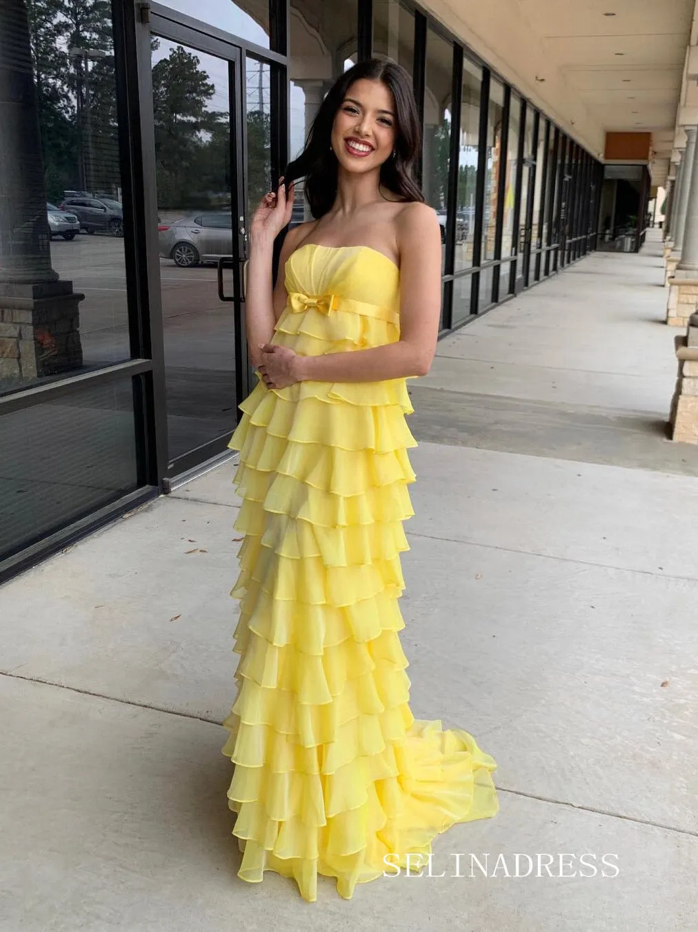 Sheath/Column Chiffon Yellow Tiered Long Prom Dresses Cheap Evening Dress sew1007