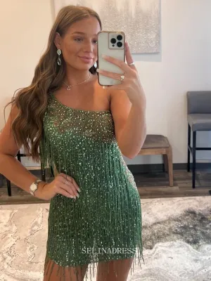 Sheath/Column One Shoulder Green Short Prom Dress Sparkly Beaded Homecoming Dresses Cocktail Dresses #TKL091