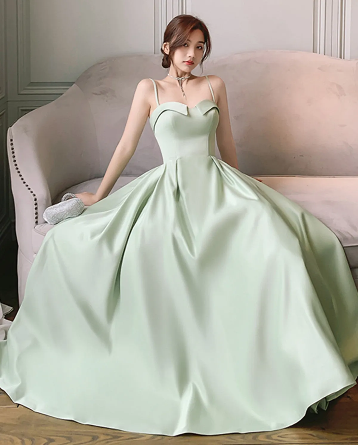 Simple Sweetheart Straps Satin Long Party Dress, A-line Satin Green Prom Dress